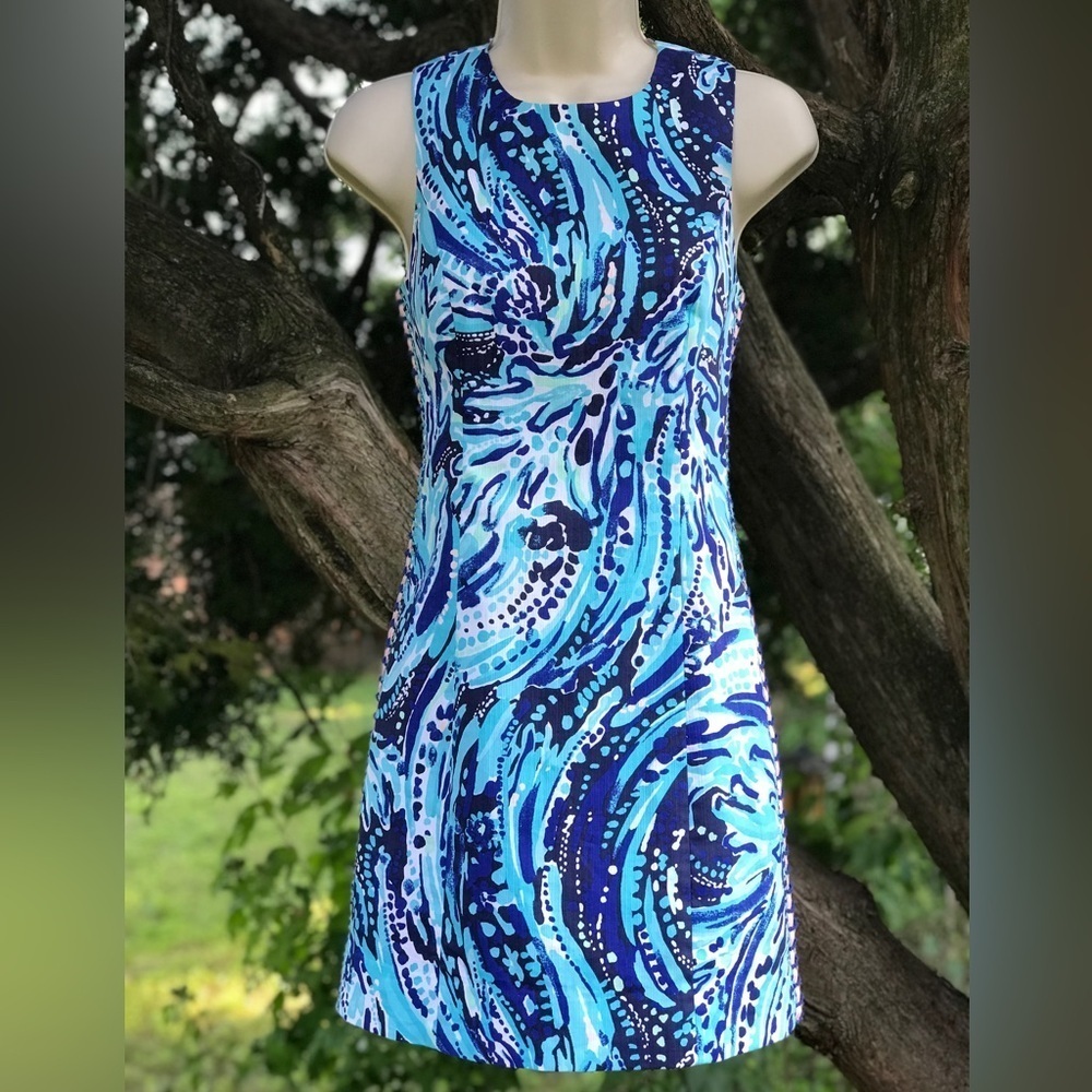 LILLY PULITZER Mila Blue Pink White Swirl Design Cotton Sheath Dress Size 00 - Picture 2 of 16